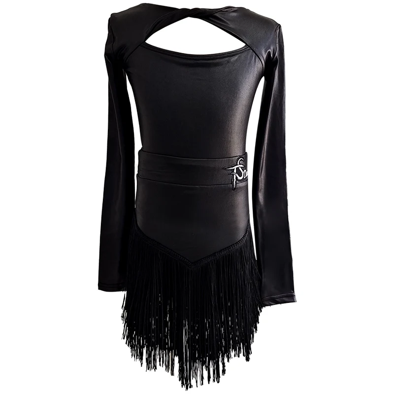 女の子ラテンダンスドレス長袖フリンジドレスチャチャルンバサンバダンス服黒競技ドレス練習着 L14006