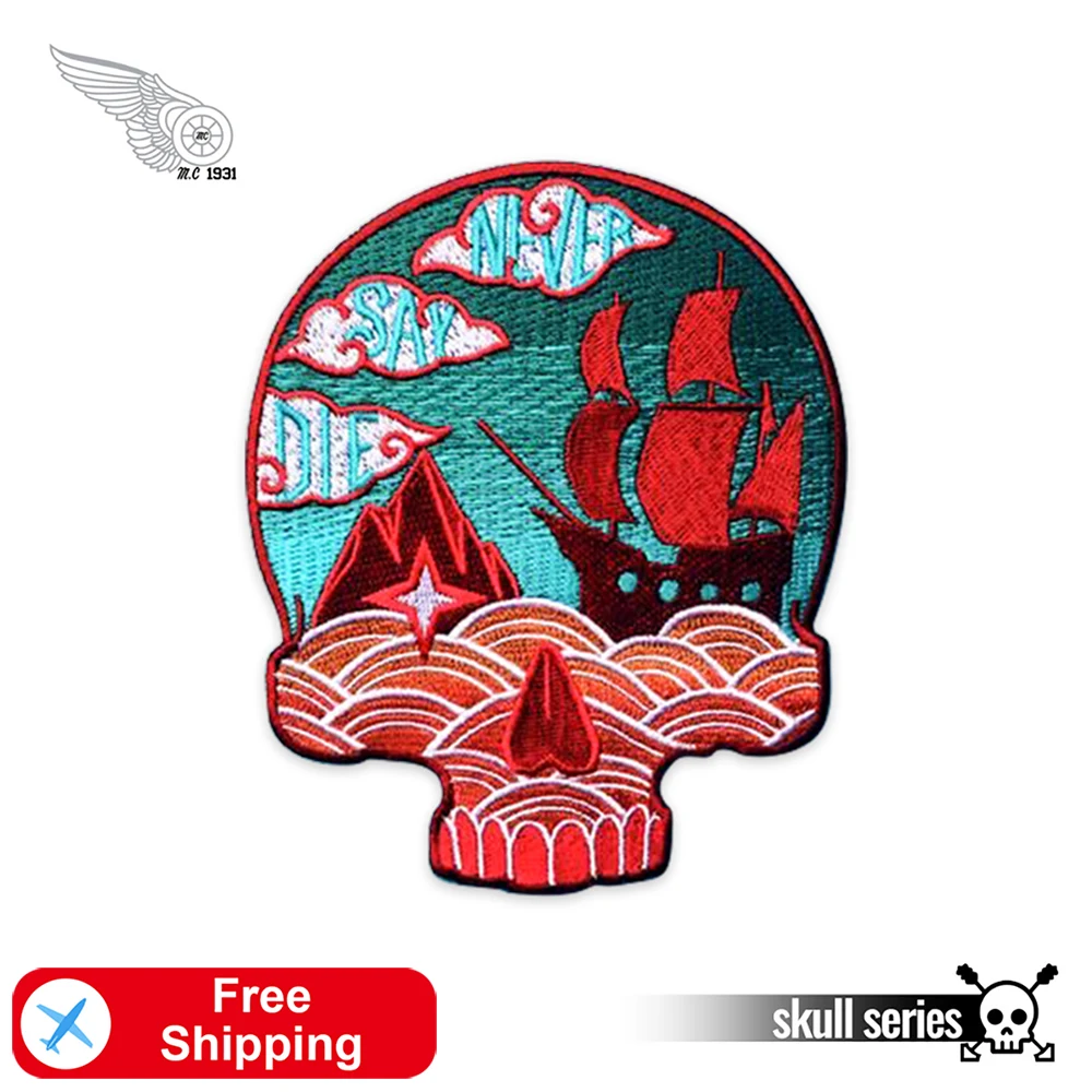 Art Skull Embroidered Patches for Clothing Sewing Accessories Japanese Element Ocean Cloud Sailboat Mountain Embroidery Crafts