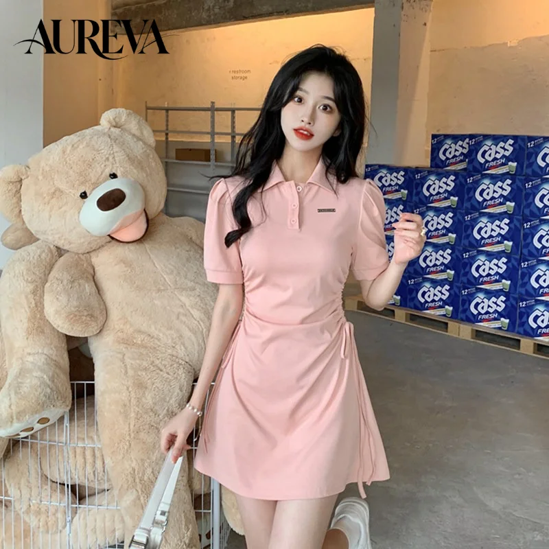 2026 Korean Style Women Pink Polo Collar Short Sleeve Dress Drawstring Waist Slim Sweet Spicy A-Line Mini Dresses