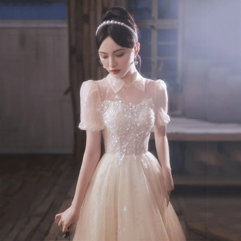 

Elegant Champagne Evening Dress Illusion Turn Down Collar Backless Women's Sequins Party Gowns Female Formal A-Line Dresses