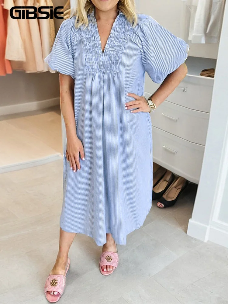

Летнее платье GIBSIE больших размеров с V-образным вырезом и пышными рукавами, свободное, повседневное, для отпуска, в стиле бохо, в полоску, длинное, женское, Vestidos