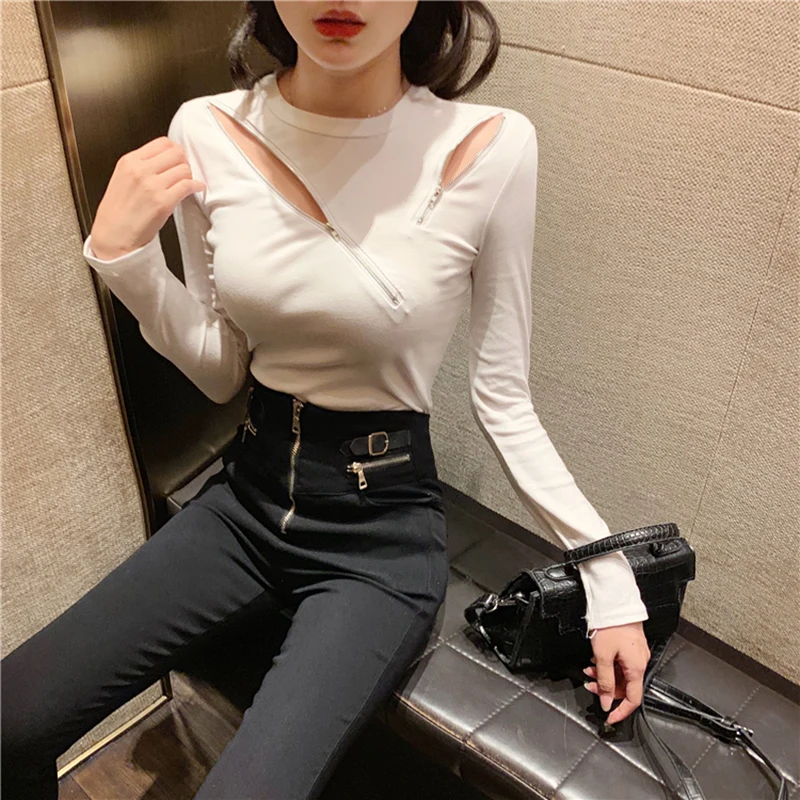 Sexy Reiß verschluss Slim Fit Pullover Frauen Herbst Winter Langarm Strick pullover Frau Streetwear aushöhlen Trikots weiblich