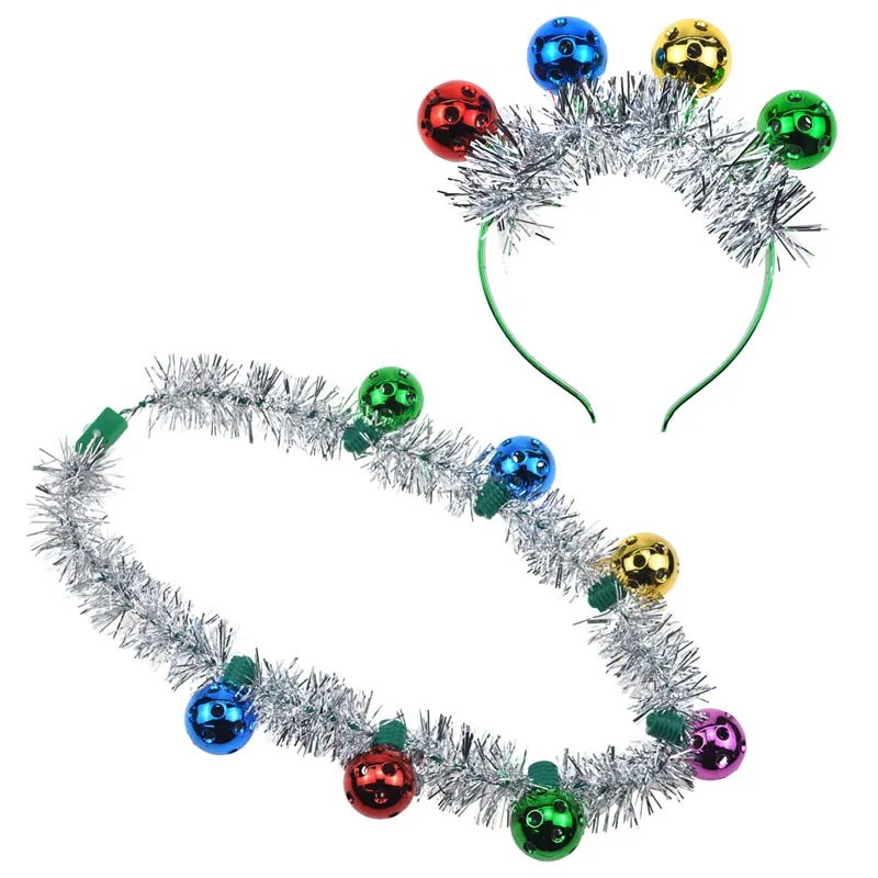 12pcs LED Light Up  Tinsel Balls Headband Colorful Bell String Disco Glow Necklace Party  Wedding Festival