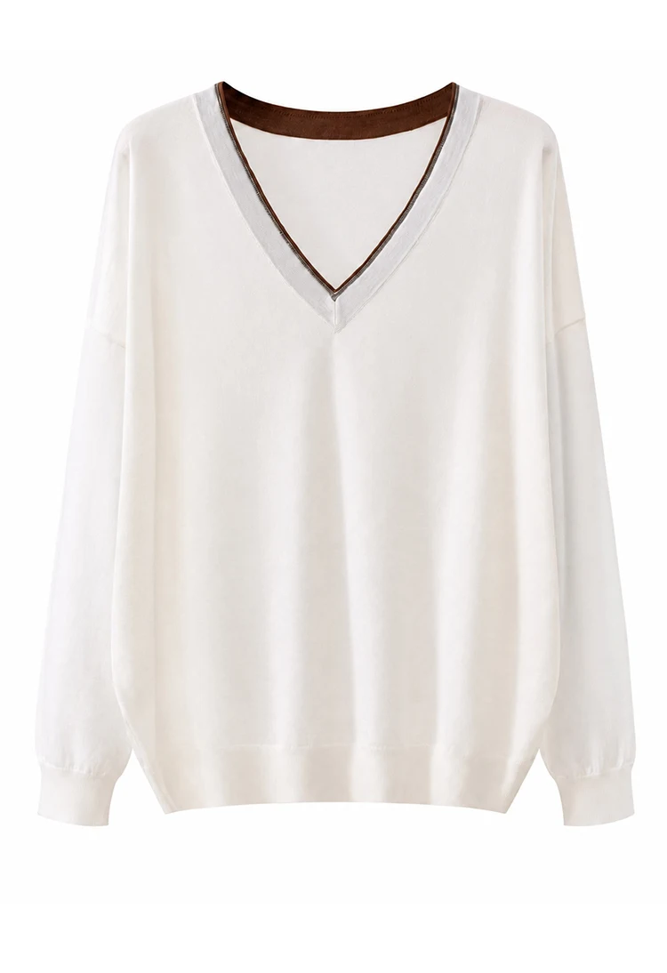 BD3621781 Damen 100% Wolle Oversized V-Ausschnitt Pullover Langarm Kontrastbesatz V-Form Kette Zweifarbig Entspannter Luxus Herbst – Detail 16
