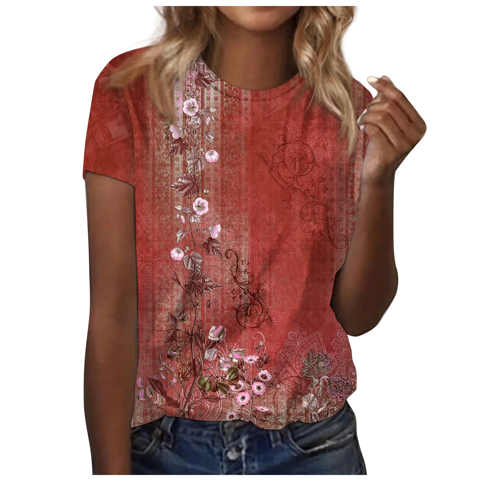 

Summer Elegant Women's Abstract Printed Painting T-shirt 3/4 Sleeves Round Neck Pullover Autumn Casual Tops Shirts Blouses Tunic