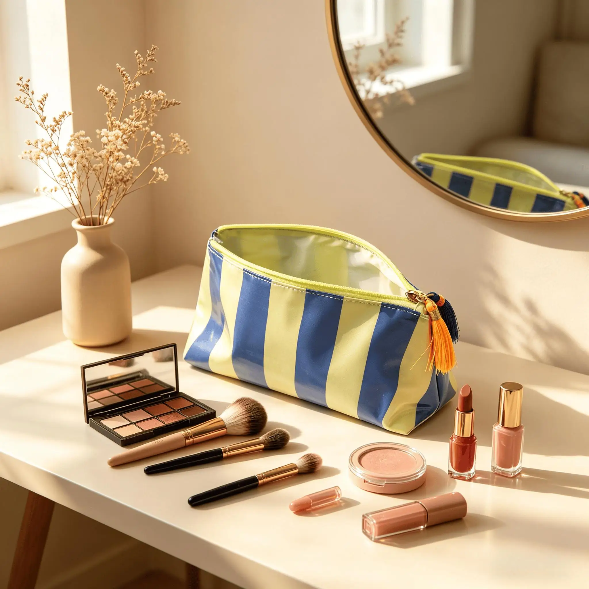 Große Kosmetiktasche mit Anhängerquaste, Aufbewahrungstasche für Kosmetik und Toilettenartikel, Aufbewahrungstasche für Studenten und den Heimgebrauch, gestreifte Kosmetiktasche, Kosmetiktasche mit wasserdichten Kanten – Detail 2