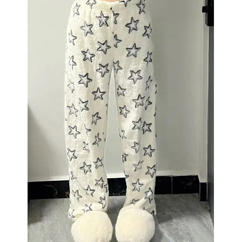 Fashion Star Fluffy Pj pigiama pantaloni Y 2k Kawaii Casual Cute White Sleepwear pantaloni di peluche donna Home pigiama pantaloni pantaloni