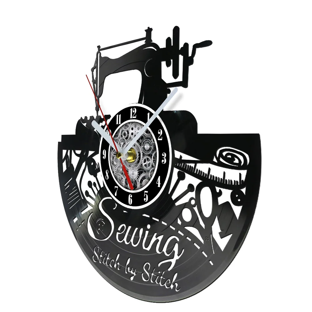 Sewing Machine Retro Vinyl Record Wall Clock For Craft Dress Tailor Fans Craftsman Office Artwork Carved Music Album Wall Clock