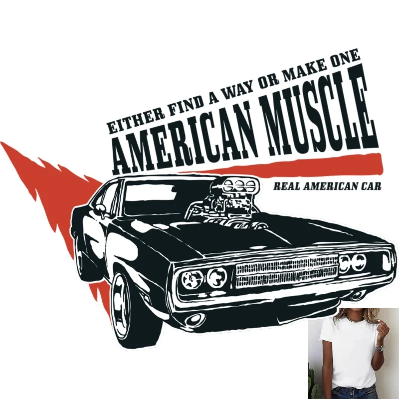 Trendy American Muscle Car Graphic Heat Transfer White Ink Iron - on Patch, Cool Street Style, Suitable for T - shirts, Canvas