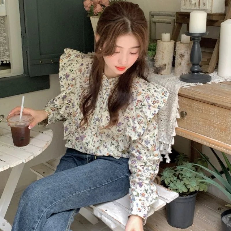 Camisa Floral de manga larga otoño nuevo francés dulce mujer Top suelto