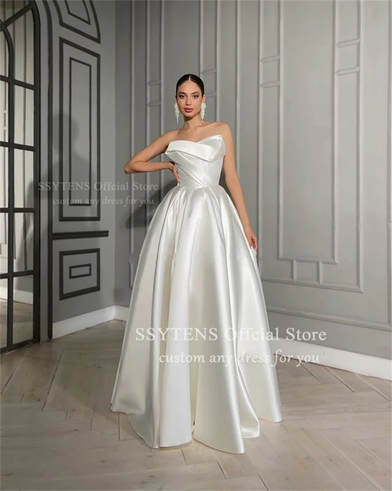 SSYTENS Elegant A-Line Satin Wedding Dresses Sleeveless Bride Gowns Dubai Customised Strapless Bride Prom Evening Party Dress