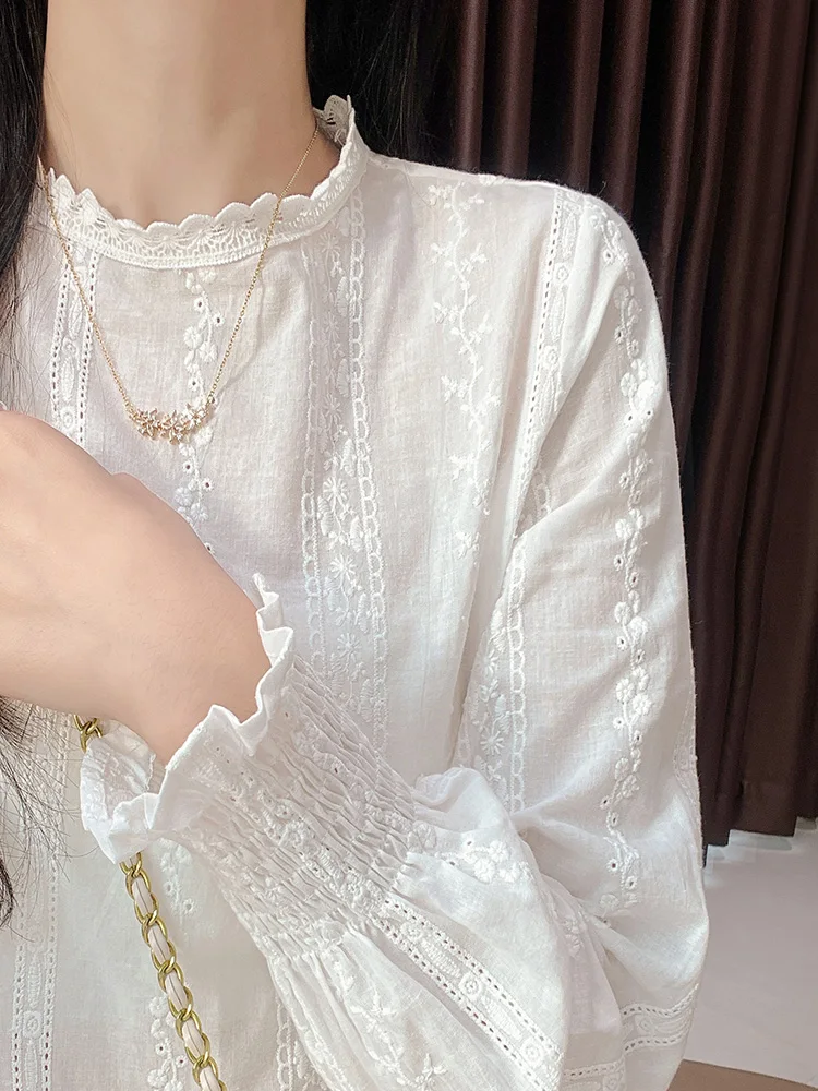 

Ele Lace Base irt Long Sve Chiffon Women's Spring Faion Inner Wear Lantern Sve irt Stand Collar Korean Sle