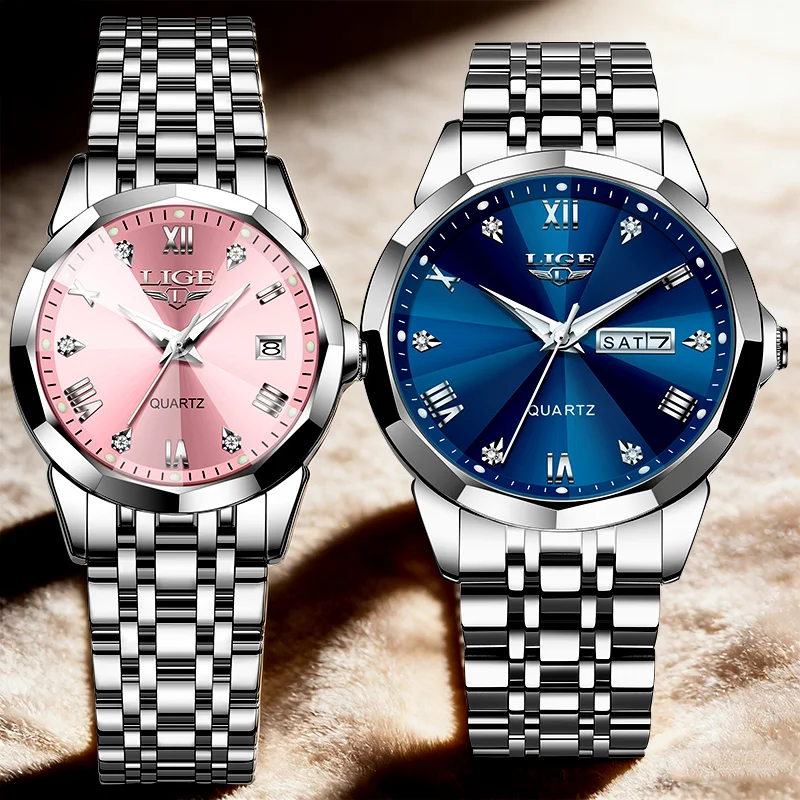 LIGE Fashion Couple Watches Waterproof Valentine Day Lover Gift Stainless Steel Watch Men Women Quartz Watch 2pcs Montre Homme