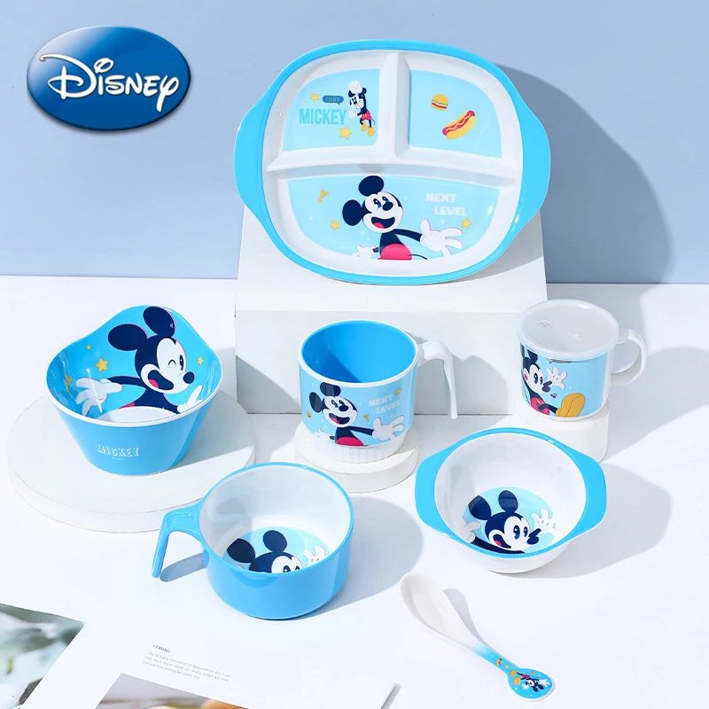 Disney Mickey Mouse Dining Plate Cute Cartoon Bowl Cup Spoon 3 Grid Tableware Food Plastic Children Kindergarten Lunch Rice Dish