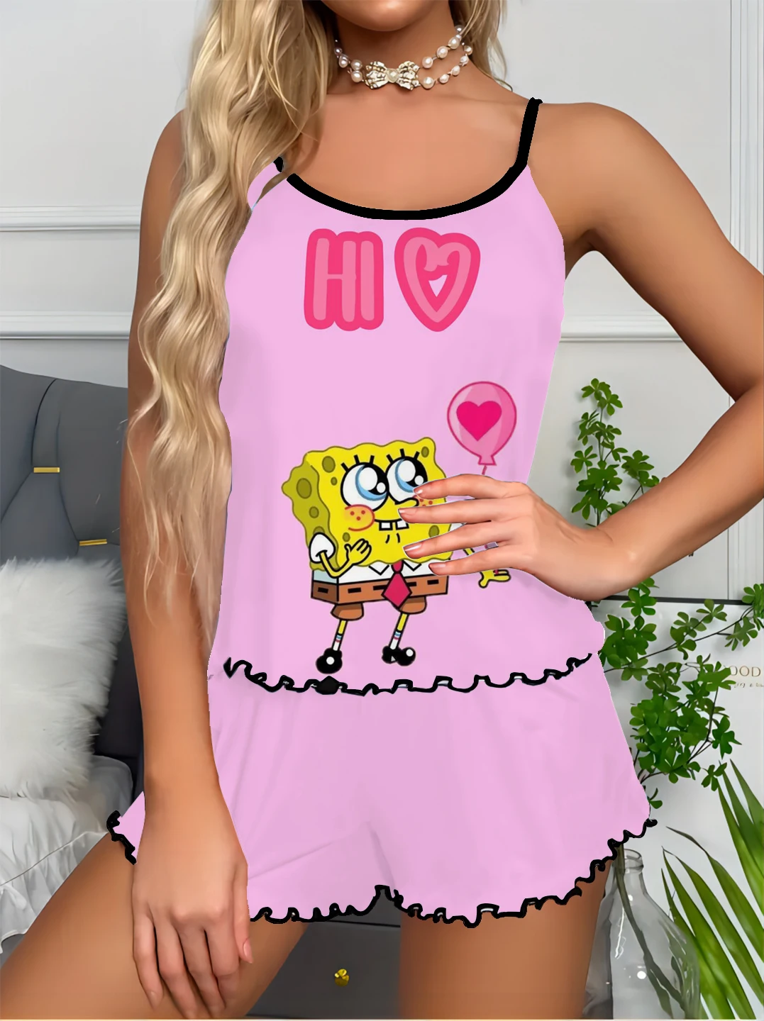 2 pieces comfortable top with shorts pajamas ladies pajamas set satin pajamas SpongeBob series printed suspender set round neck