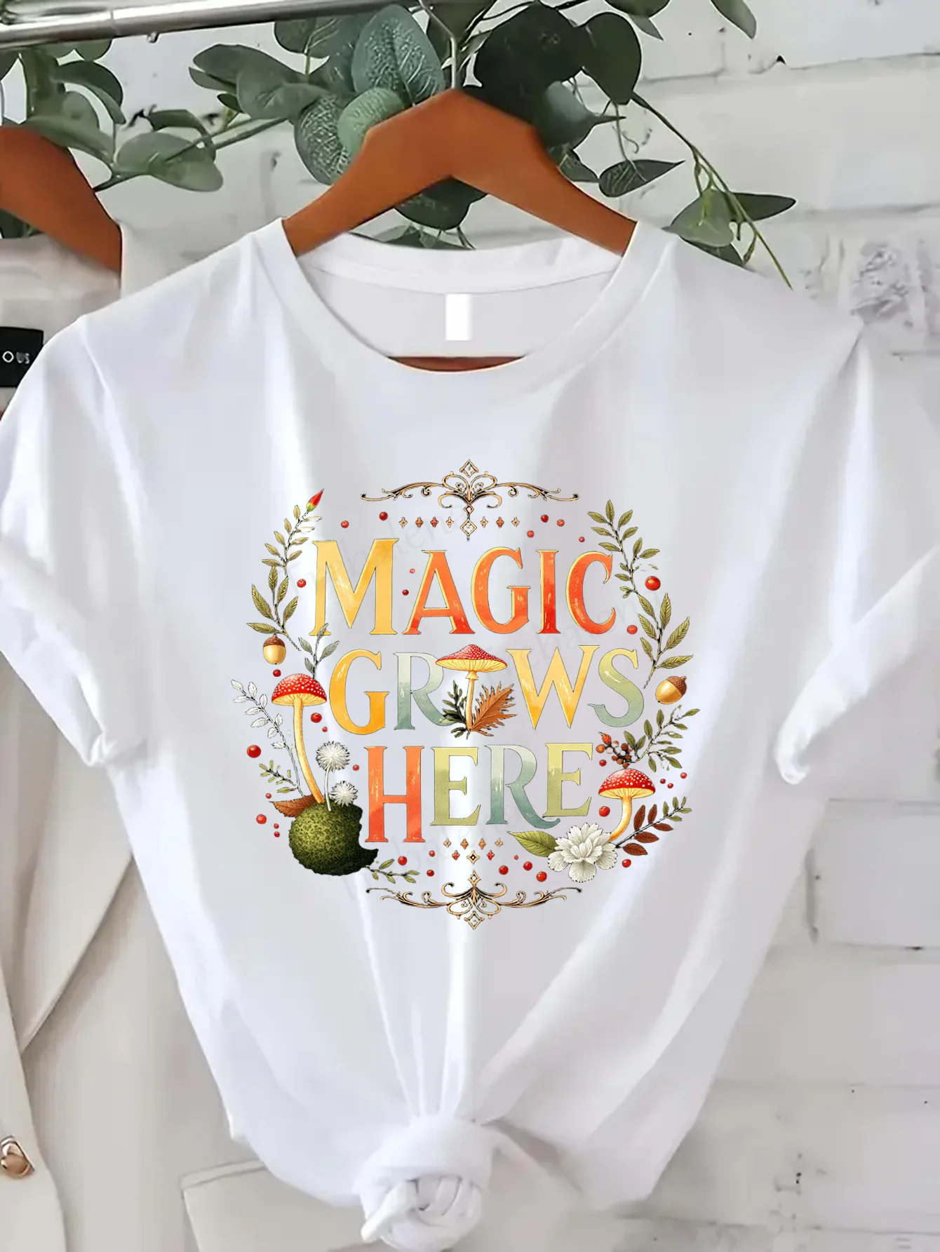 

Comfortable Women's Print T-shirt Magic Grows Here T-Shirt | Boho Mushroom Garden Print Women's Tee