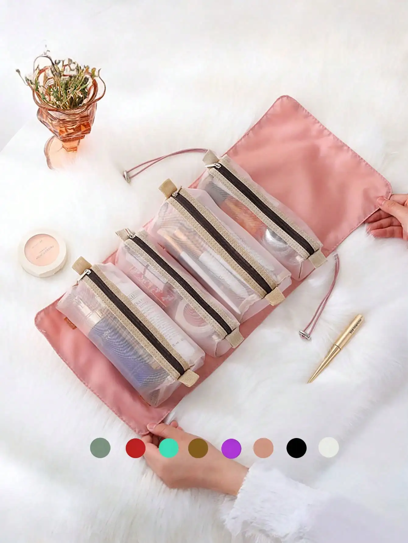 Bolsa de Maquillaje Desmontable 4 en 1. Se puede utilizar para organizar y guardar cosméticos, incluyendo lápiz labial, lápiz para cejas, artículos de tocador, brochas de maquillaje, etc. Diseño de gran capacidad, una bolsa de almacenamiento de alta calidad para productos de cuidado de la piel y cosméticos. Adecuado para madres, damas y enfermeras.