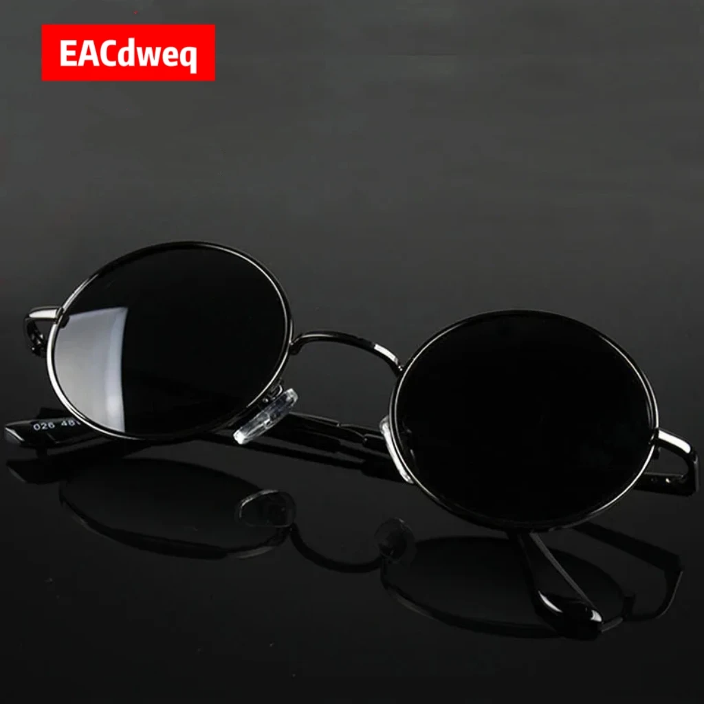 Retro Vintage Round Sunglasses Men Brand Designer Sun Glasses Women Alloy Metal Frame Black Lens Eyewear Driving UV400
