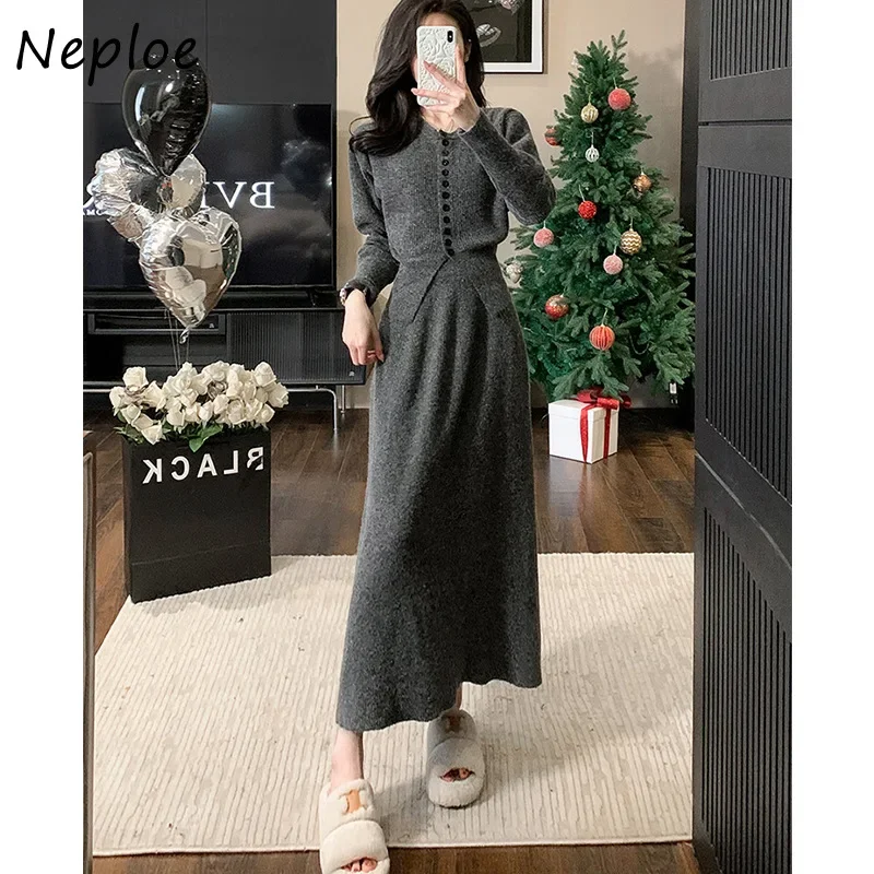 Neploe Korean Elegant Knitted Two Piece Suits Femme 2024 Autumn Winter Simple Solid Color O-Neck Cardigan High Waist Skirts