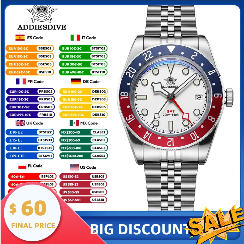 ADDIESDIVE GMT Watches For Men Luxury Stainless Steel Casual Quartz Watch 200MM Waterproof Wristwatches Relogio Masculino