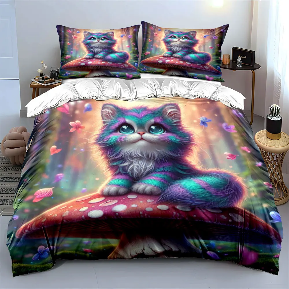 Colorful cat on mushroom in dreamy forest Duvet Cover Set with 3D Printing Design Soft Polyester Bedding Set All-Season Comfort