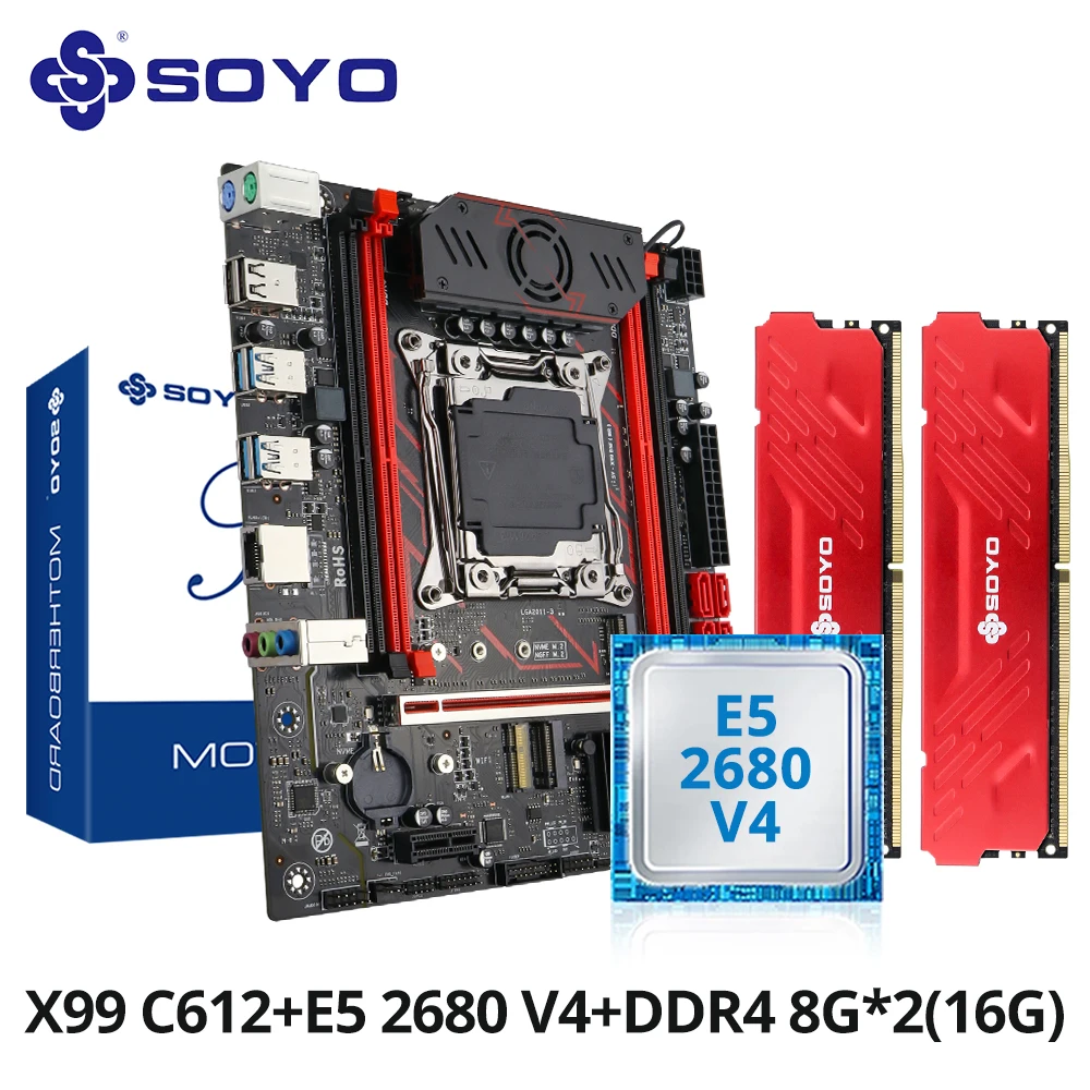 SOYO X99 Gaming Motherboard Set C612 Chipset TPM2.0 Pin with E5 2680 V4 CPU & DDR4 16G (2*8G) 2133MHz RAM PCIE3.0 for Desktop PC