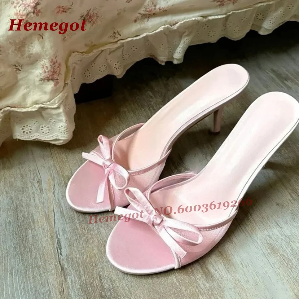 

Розовые атласные тапочки с узлом-бабочкой, женские шлепанцы на высоком каблуке-шпильке с открытым носком, летние однотонные туфли из воздушной сетки