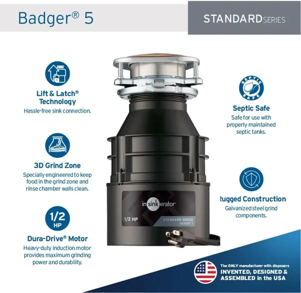 Badger 5 Garbage Disposal with Power Cord, Standard Series 1/2 HP Continuous Feed Food Waste Disposer, Badger 5 W/C, No Size