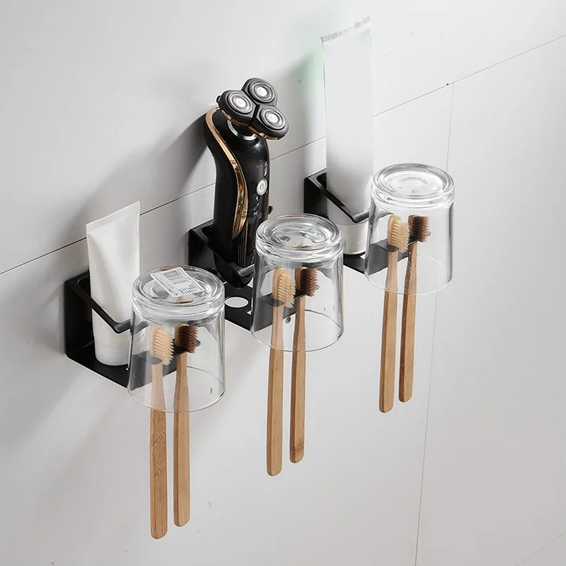 Self-adhesive Wall Mount Stainless Steel Toothbrush Holder Punch-free Toothpaste Organizer Mouthwash Cup Stand Bathroom Tools