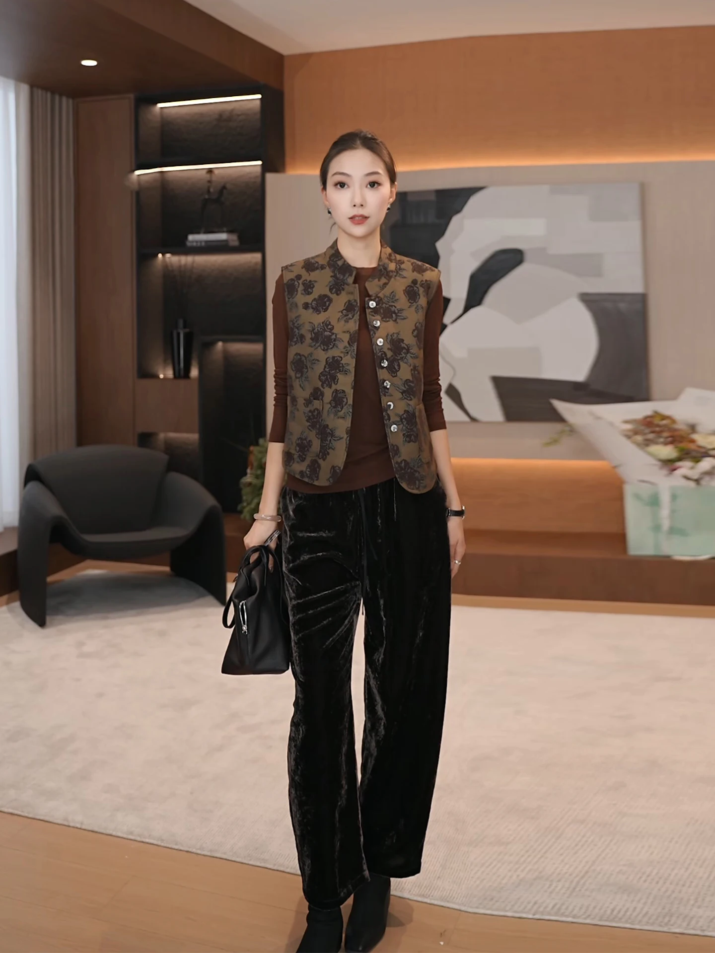 

Винтажные шелковые бархатные брюки прямого кроя с высокой талией, на резинке, повседневные, женские, весна 2026, новинка