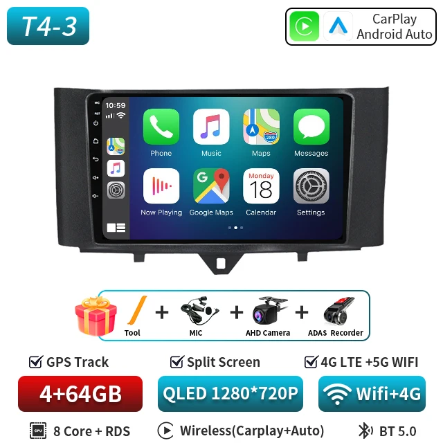 Android 16 Autoradio Voor Smart Fortwo 451 2010-2015 Multimedia GPS Navigatie DSP RDS 4G SWC CarPlay 2Din 9 inch Android Auto BT