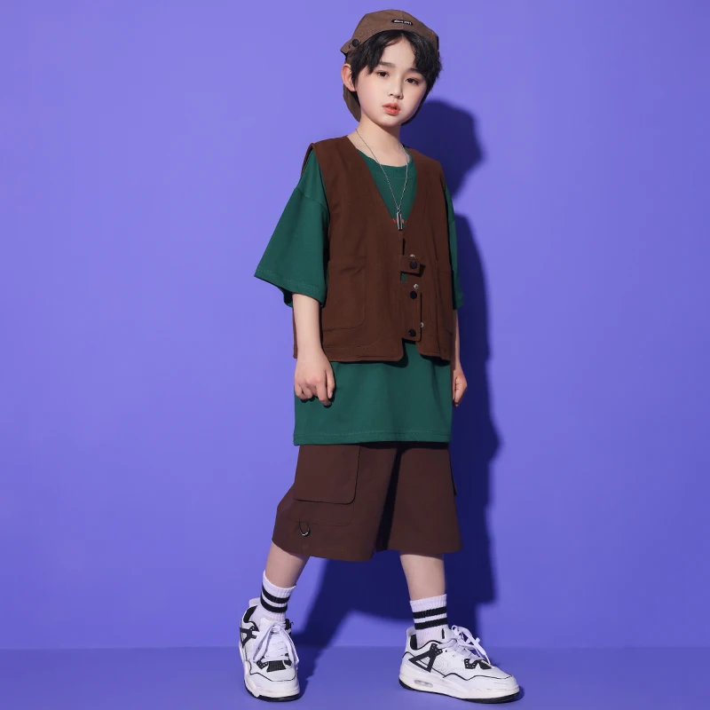 Teenager Street Wear Outfits Kinder Hip Hop Kleidung braune Weste T-Shirt Tops Cargo Shorts für Mädchen Jazz Tanz Kostüm Kleidung