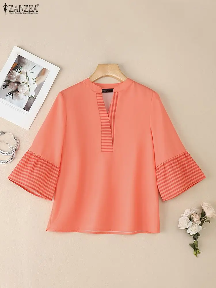 ZANZEA Camicette da donna patchwork a righe con scollo a V Manica svasata a 3/4 Pullover allentato Top Autunno 2025 Nuovo abbigliamento casual quotidiano S-3XL
