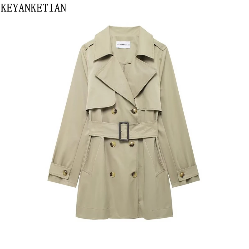 

KEYANKETIAN 2024 New Women's Classic Khaki Trench Coat Autumn/Winter Double Breasted With Belt Pockets Mid-length Outerwear Top