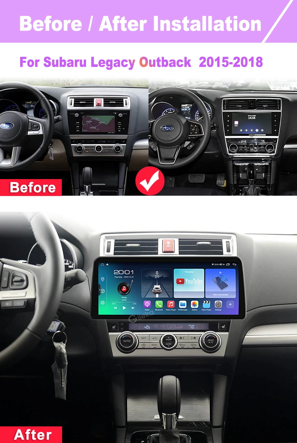 12.3 inch 2K Screen Carplay Android  For Subaru Legacy Outback 2015-2018 Car Radio Stereo Multimedia Player GPS WiFi BT