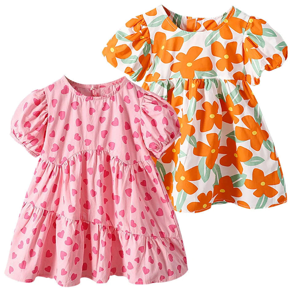 שמלת קיץ חמודה לילדות קטנות ורוד לב פרחוני שרוול בגדים מזדמנים ילדים שמלת נסיכה