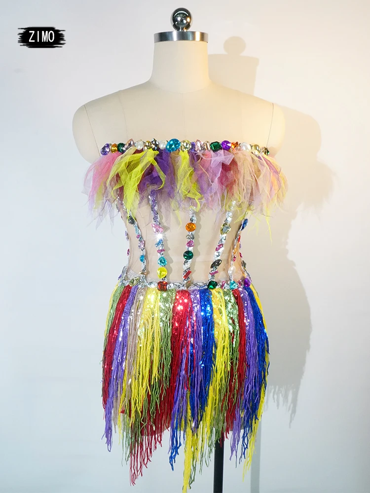 

Coloured sparkle rhinestones tassels sequin dress Top and skirt sexy backless DJ club dress Party for women pole dance clothing