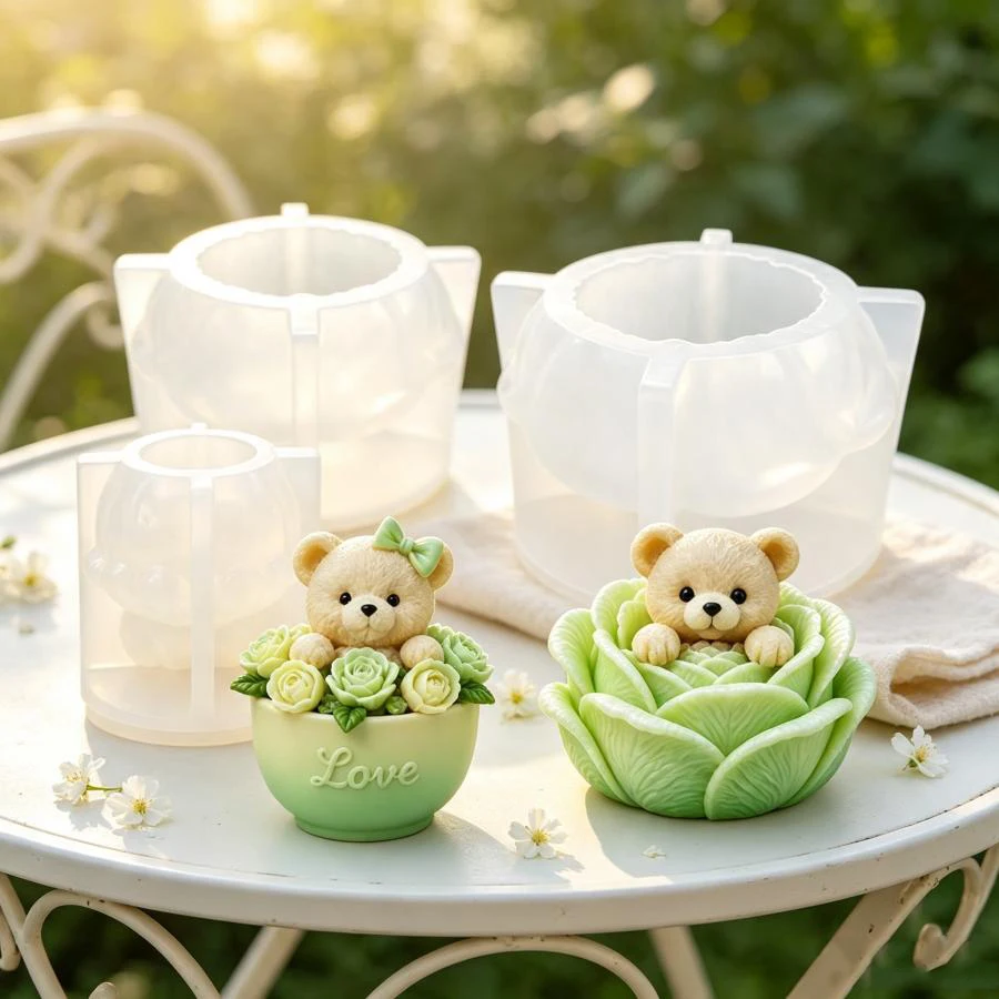 3D Niedliche Rosenblüten-Bären-Silikonform für Kerzen, DIY Bären- und Blumenförmige Kerzen-Gips-Seifen-Handwerksform, Valentinstagsgeschenk – Detail 5