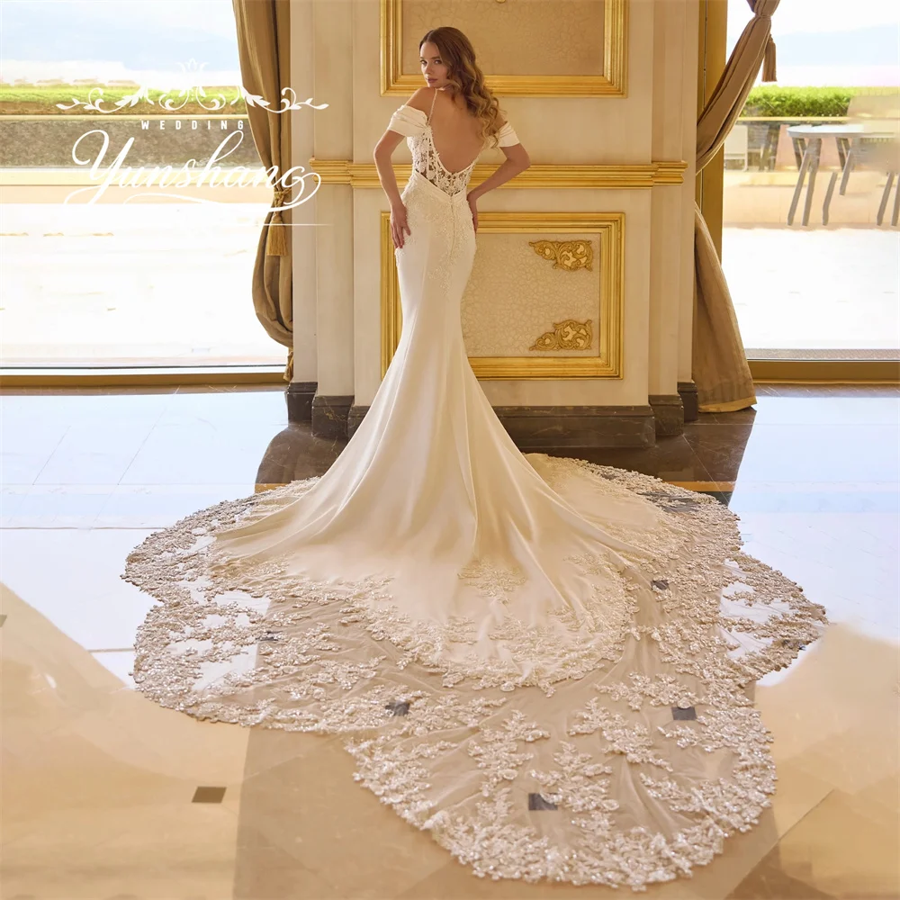 YunShang Customized Beading V-Neck Mermaid Wedding Dress Sweep Train Off Shoudler Appliques Embroidery Sequin Spaghetti Strap