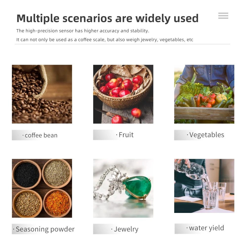 Rechargable Digital Coffee Scale with Timer LED Screen Espresso USB 3kg Max.Weighing 0.1g High Precision Measures Kitchen Scale