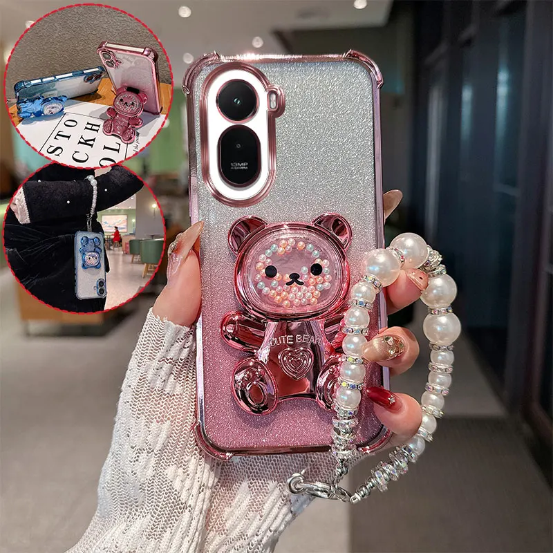 Capa de Telefone com Glitter à Prova de Choque e Alça de Pérolas com Desenho de Urso Fofo para Xiaomi Redmi A7 Pro 4G Poco C85X C81.
