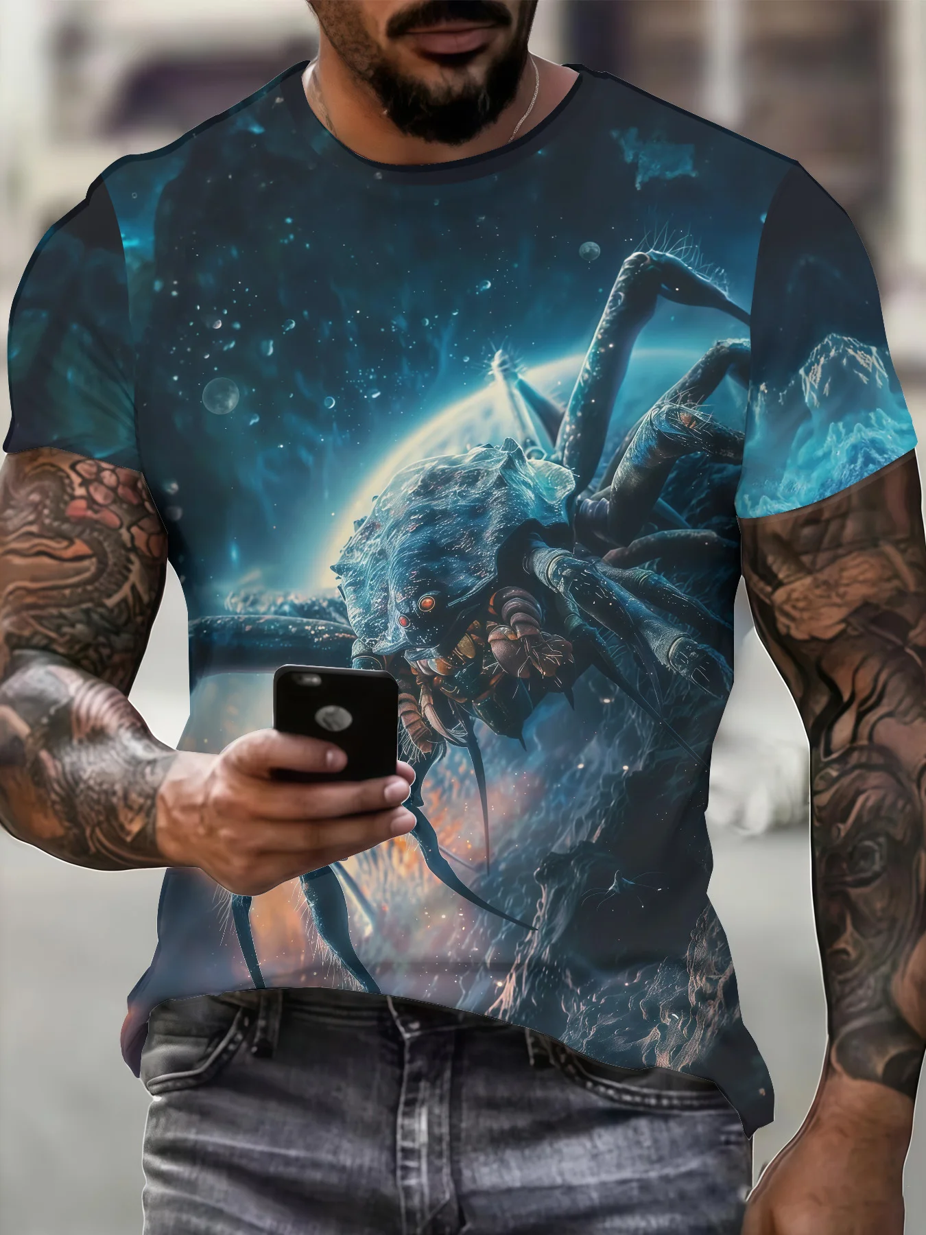 Men's Crew Neck Tee 3D Giant Sea Crab Planet Deep Space Cosmic Print Ocean Creature Casual Tops