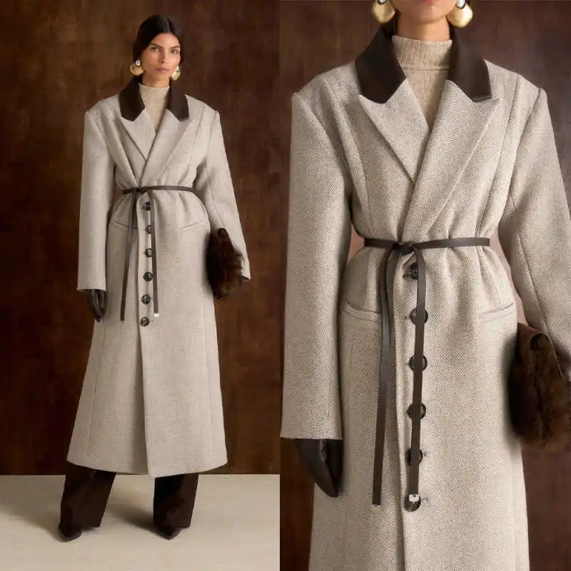 

Fashion Women Overcoat Wool Blend Single Breasted Peaked Lapel Coat High Street Autumn Winter Warm Outerwear Customized