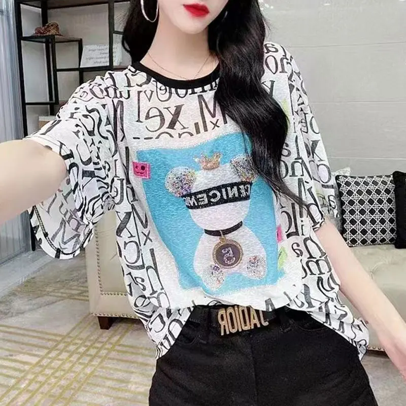 Summer Thin Streetwear T-shirt Fashion Letter Cartoon Printed Female Clothing Loose Backless Patchwork Chic Diamonds Pullovers