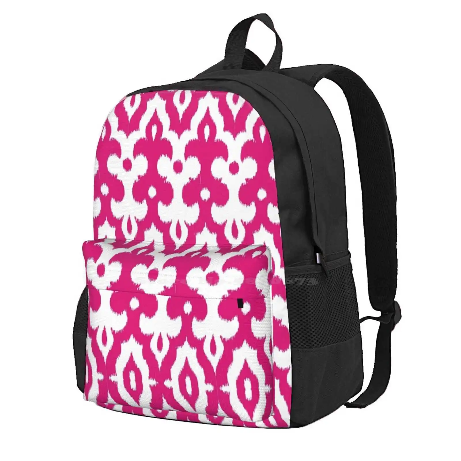 Moroccan Ikat Damask, Fuchsia Pink And White Hot Sale Schoolbag Backpack Fashion Bags Moroccan Fleur De Lis Frieze Fuchsia Pink