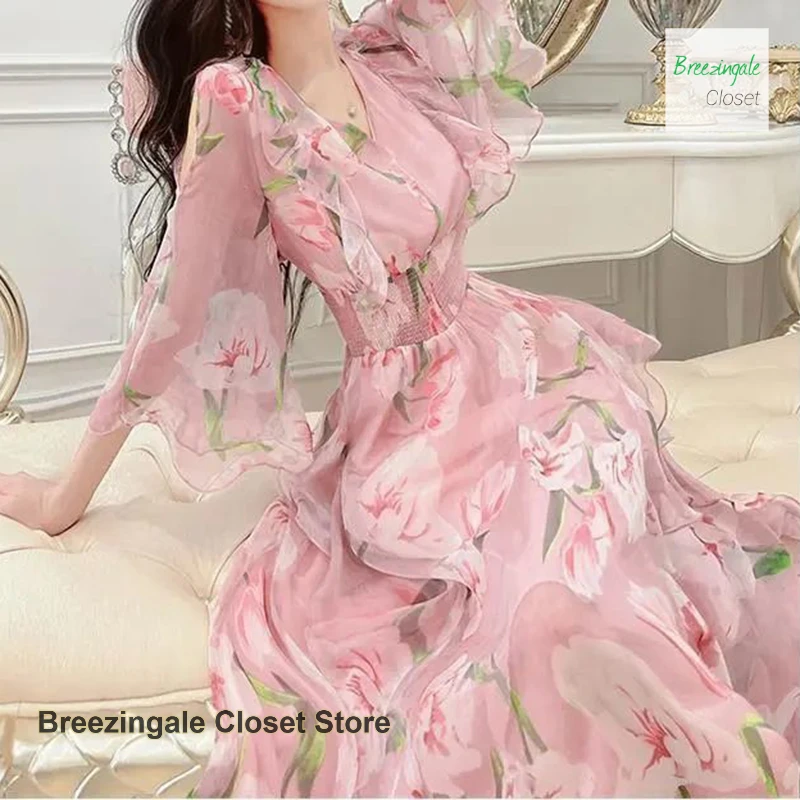 

French sweet temperament pink printed chiffon girl chic and beautiful dress female summer new fashion V-neck waist long skirt