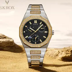 2024 SKROX GMT Dual Time-Zones Luxury Diamonds Automatic Man Watch Stainless Steel Mechanical Power Display Sun and Moon Clock