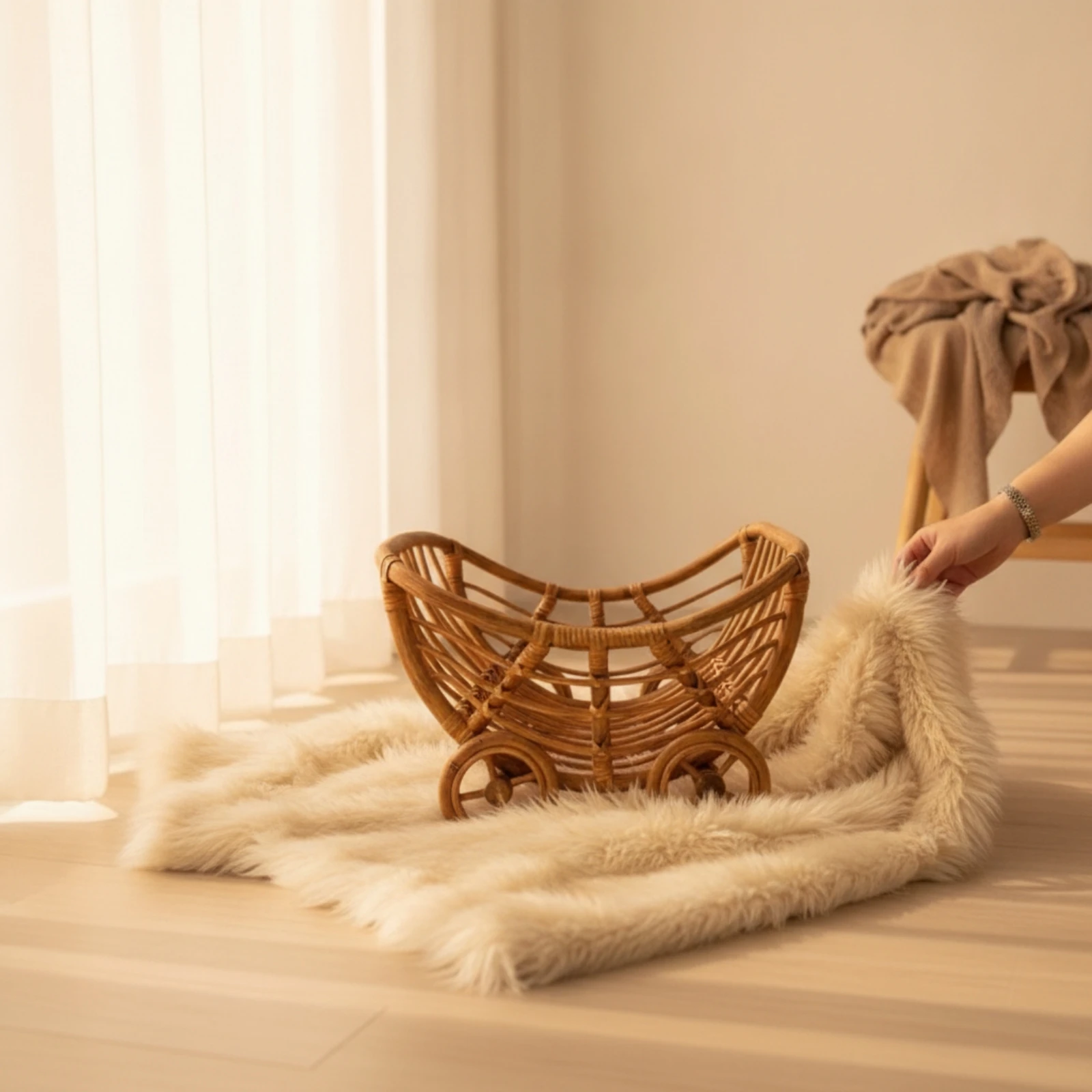 Baby Photo Prop Cart Hand-Woven Wicker Cart with Wheels Photo Prop Basket Decorative Carriage Natural for Photographers