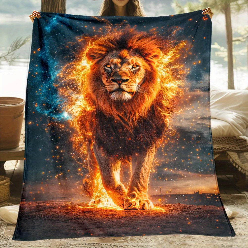 Fiery Flame Lion Galaxy Starry Sky Art Print Flannel Throw Blanket, Soft Warm Sofa Cover, Animal Gift For Bedroom Daily Rest Use