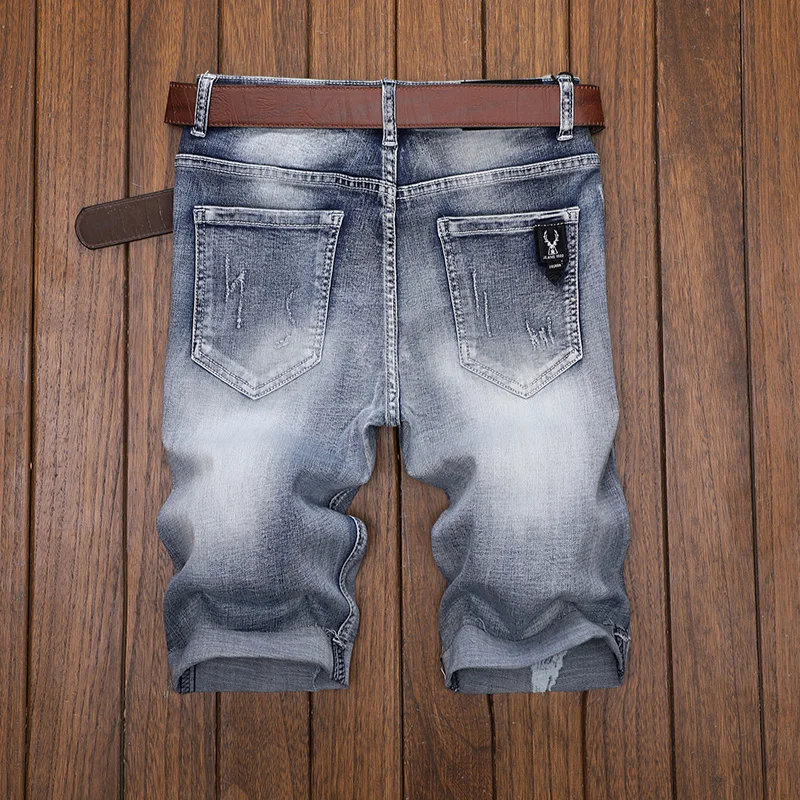 Perforated denim shorts summer capris  new elastic shorts casual pants cargo pants men  ripped Skull Head  mens short  jeans